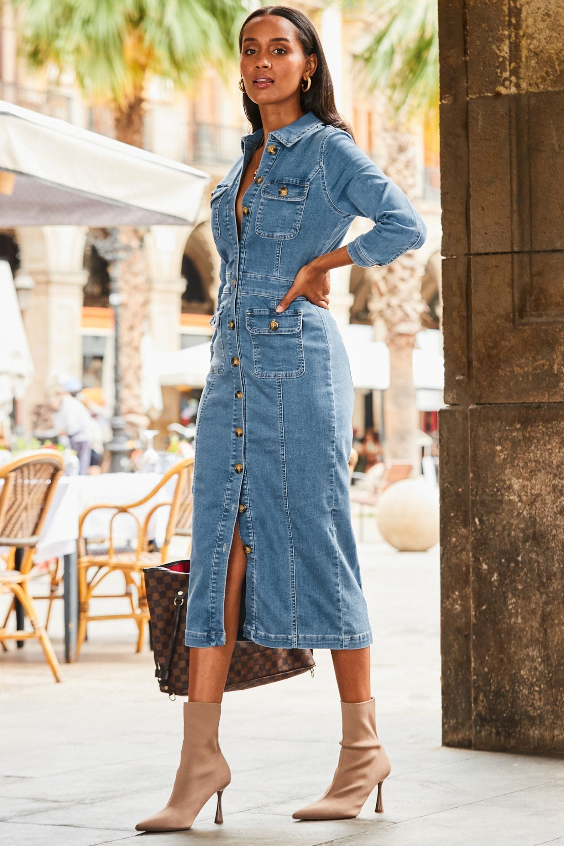 Long denim button up sale dress