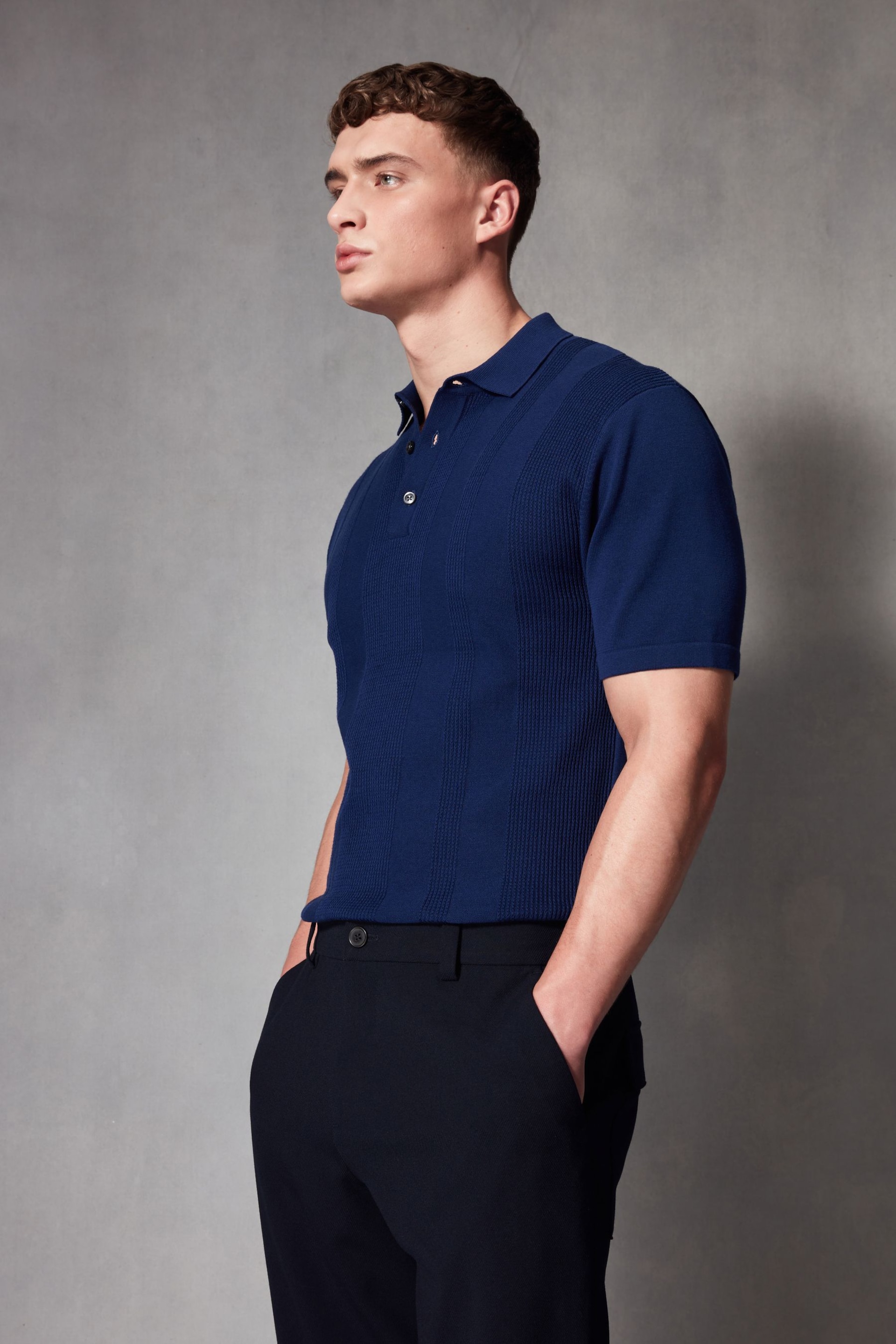 Blue Knitted Regular Fit Textured Stripe Polo Shirt - Image 3 of 7