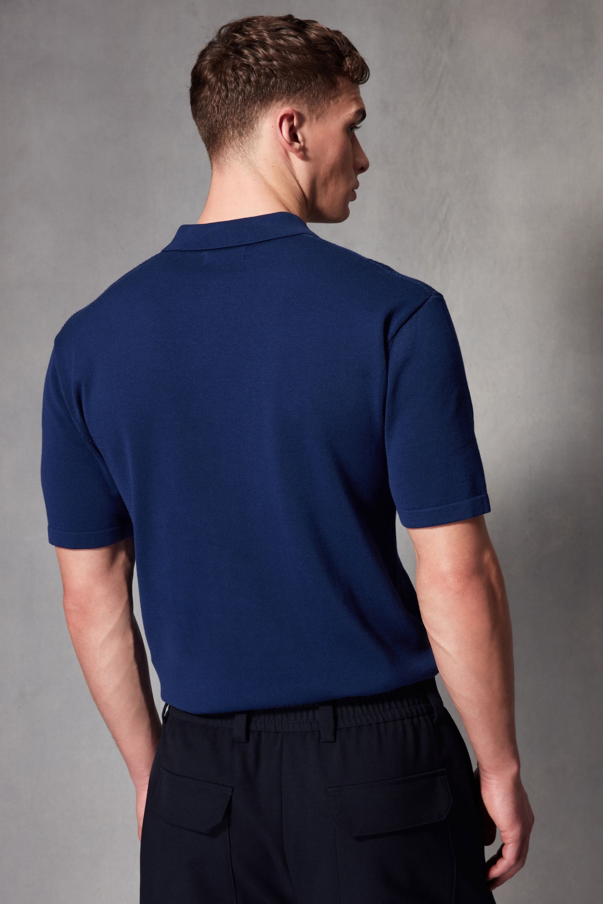 Blue Knitted Regular Fit Textured Stripe Polo Shirt - Image 4 of 7