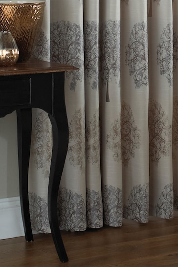 PAIRS OF SILVER SHIMMERY OAK TREES LIGHT GREY THICK VELVET LINED EYELET  CURTAINS