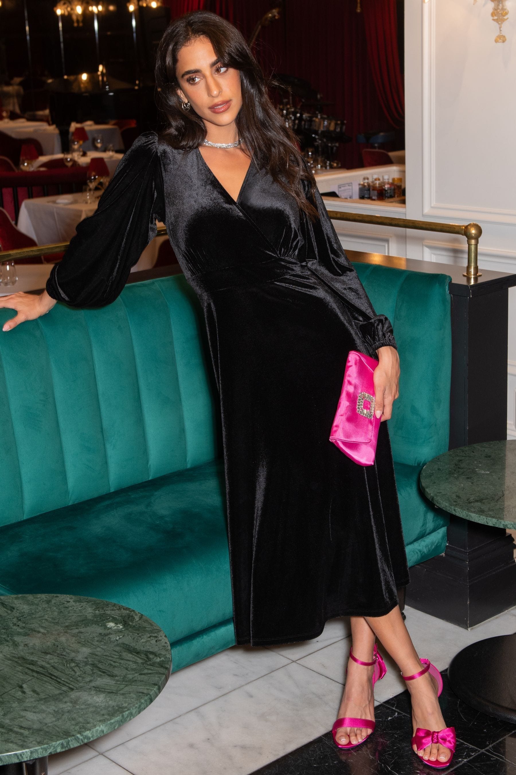 Buy Pour Moi Black Charlotte Tie Back Stretch Velvet Long Sleeve Midi Dress from the Next UK online shop