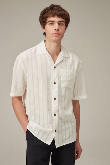 White Textured Seersucker Short Sleeve Shirt