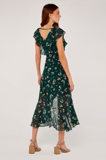 Apricot Green Botanical Ruffle Wrap Midi Dress