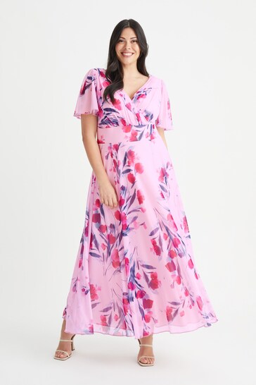 Scarlett & Jo Light Pink Floral Isabelle Angel Sleeve Maxi Dress