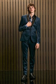 Navy Blue EDIT Slim Snake Print Velvet Tuxedo Jacket - Image 2 of 11