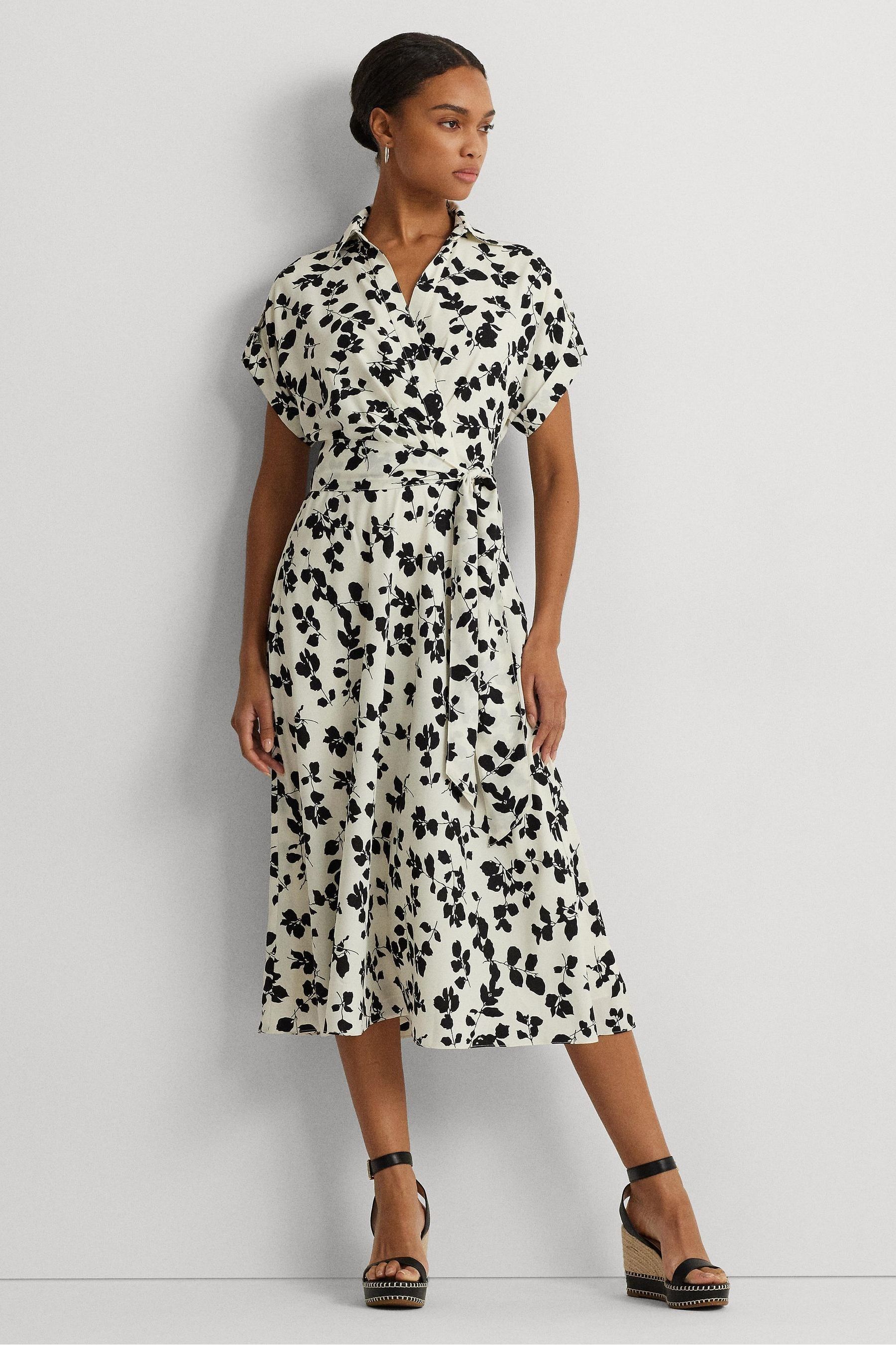 Lauren Ralph Lauren Cream 100 Cotton Fratillo Leaf Print Belted Crepe Dress
