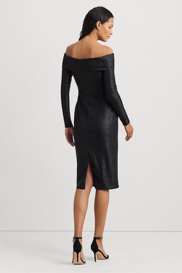 Lauren Ralph Lauren Keneia Metallic Off Shoulder Cocktail Black Dress