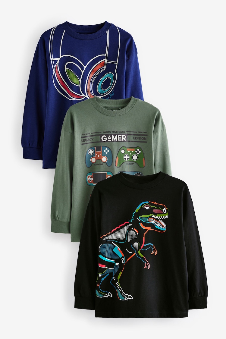 Green/Blue Gaming Graphic 100% Cotton Long Sleeve T-Shirts 3 Pack (3-16yrs) - Image 1 of 7