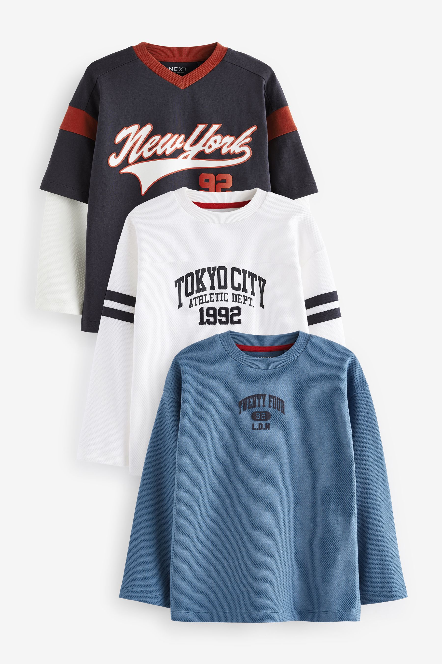 Red Blue White Varsity Graphic Long Sleeve T Shirts 3 Pack 3 16yrs