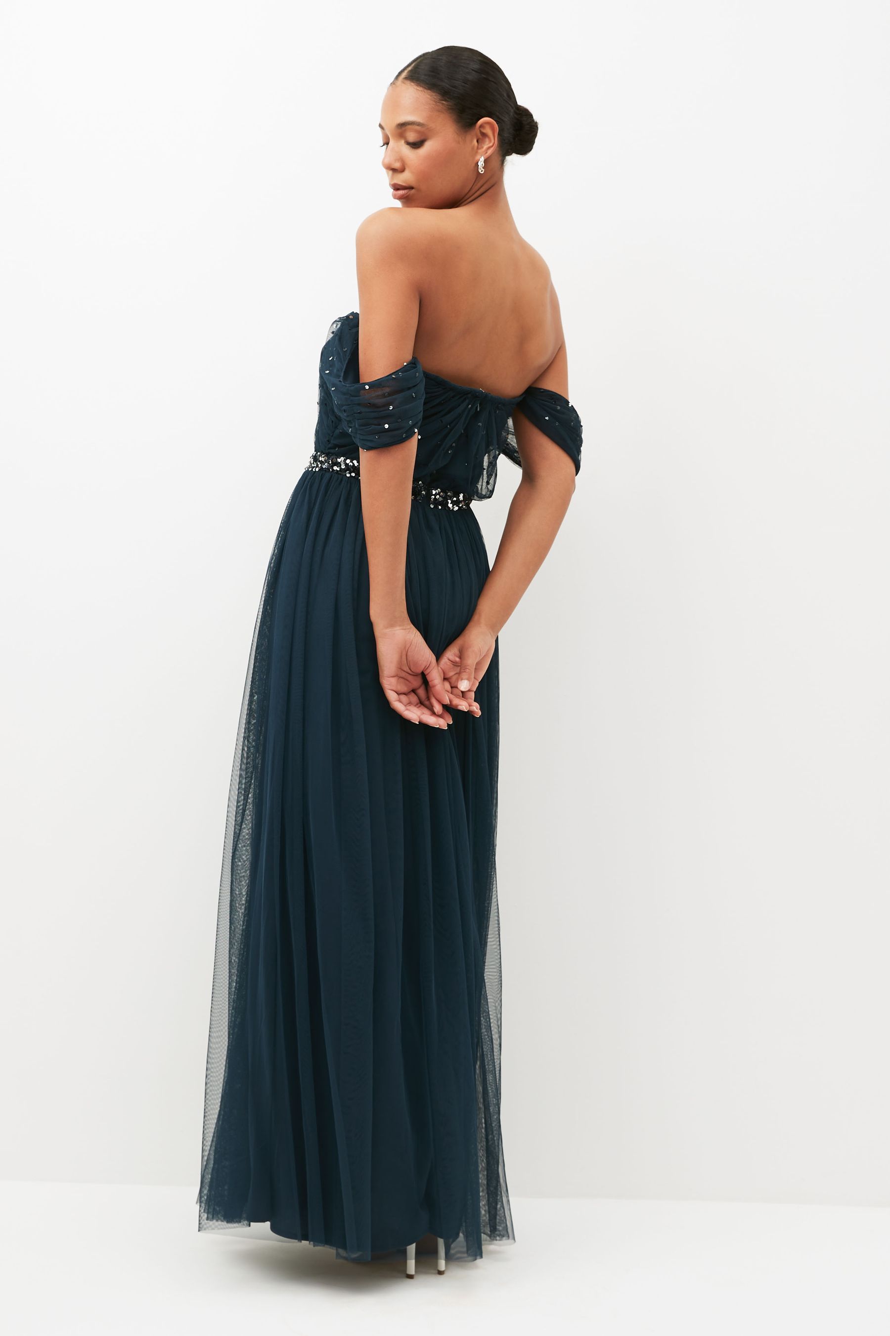 Buy Anaya With Love Navy Blue Scatter Sequin Bardot Maxi Bridesmaid Dress With Thigh Split from Next Luxembourg