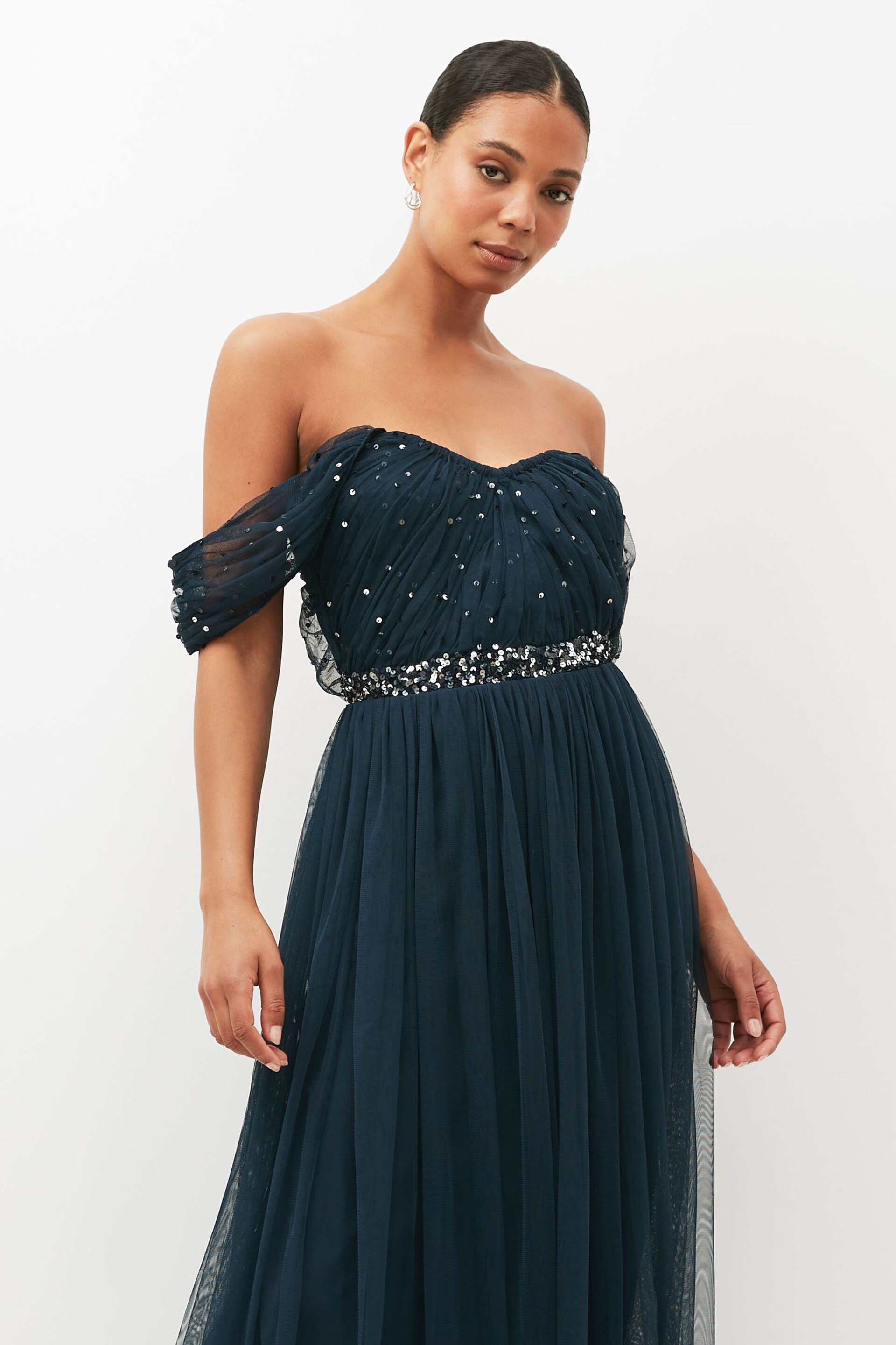 Anaya With Love Navy Blue Scatter Sequin Bardot Maxi Bridesmaid Dress With Thigh Split - Image 3 of 5