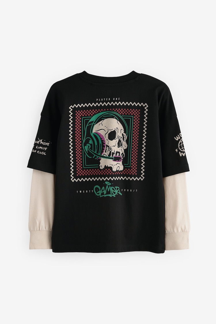 Black Skull Skate Long Sleeve 100% Cotton T-Shirt (3-16yrs) - Image 2 of 3