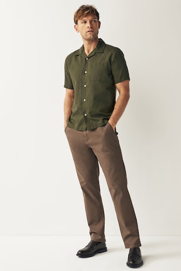 Green Cuban Collar Linen Blend Short Sleeve Shirt