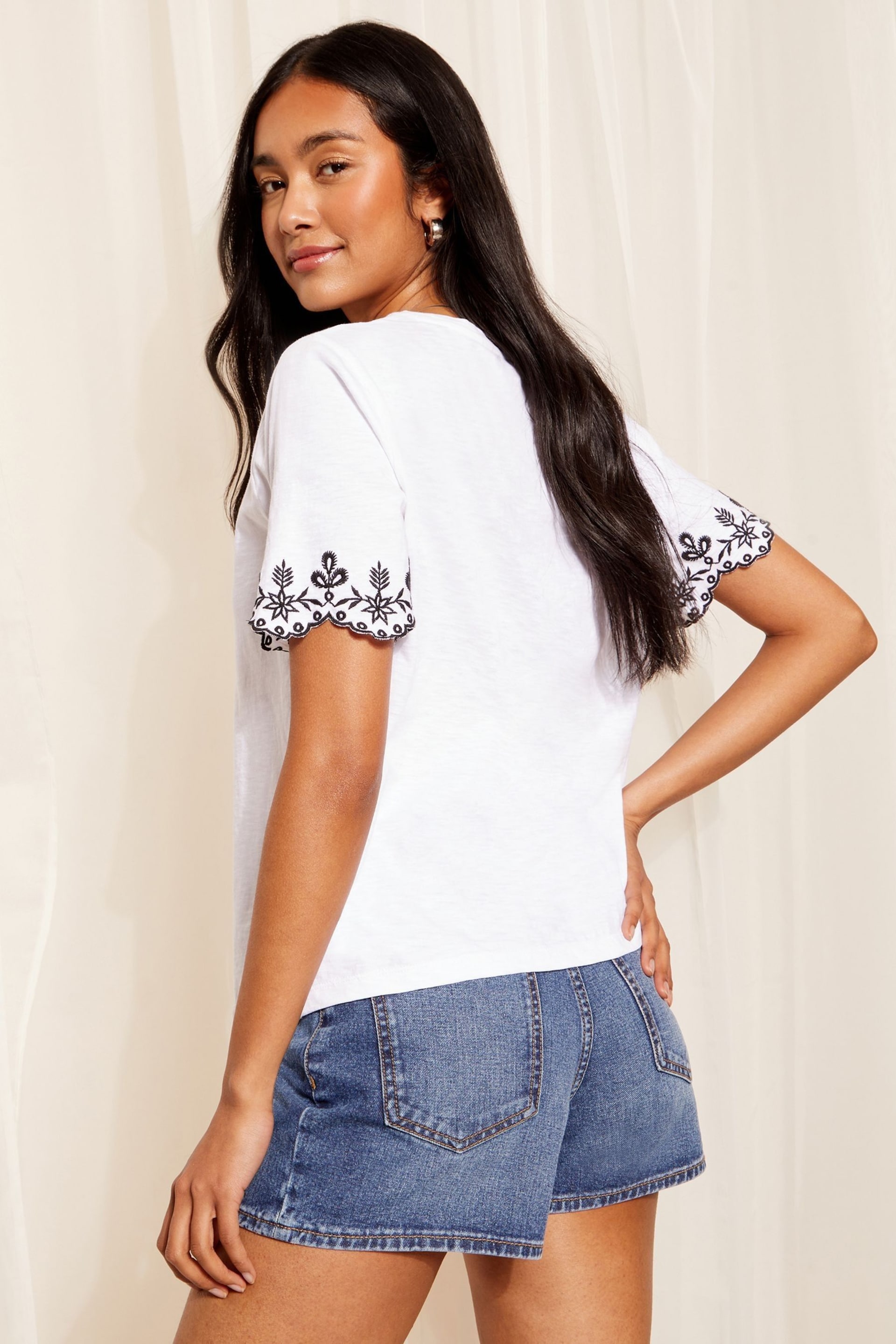 Friends Like These White Petite Short Sleeve Contrast Broderie Sleeve T-Shirt - Image 4 of 4