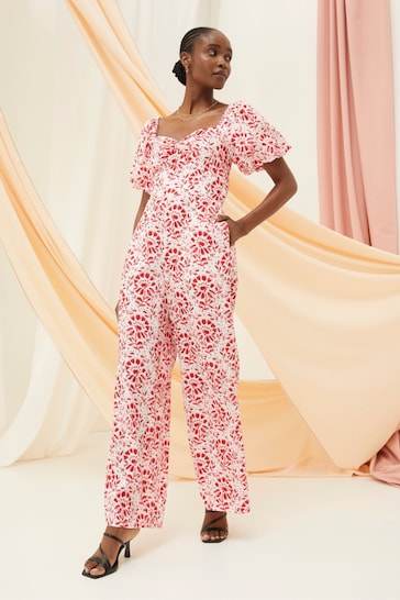 FatFace Red/White Rose Floral Tile Jumpsuit