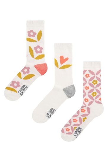 Caroline Gardner White Floral Design Socks 3 PK