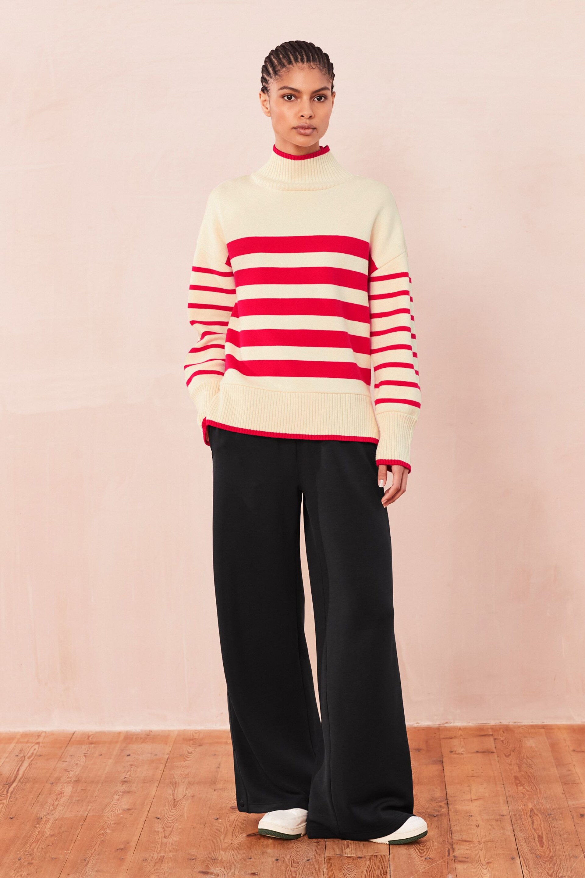 Red/Ecru Cream High Neck Stripe Cosy Knitted Jumper Long Sleeve Top - Image 2 of 7