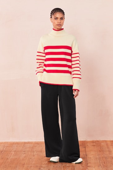 Red/Ecru Cream High Neck Stripe Cosy Knitted Jumper Long Sleeve Top