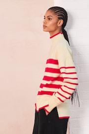 Red/Ecru Cream High Neck Stripe Cosy Knitted Jumper Long Sleeve Top - Image 3 of 7