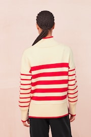 Red/Ecru Cream High Neck Stripe Cosy Knitted Jumper Long Sleeve Top - Image 4 of 7