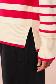 Red/Ecru Cream High Neck Stripe Cosy Knitted Jumper Long Sleeve Top - Image 5 of 7