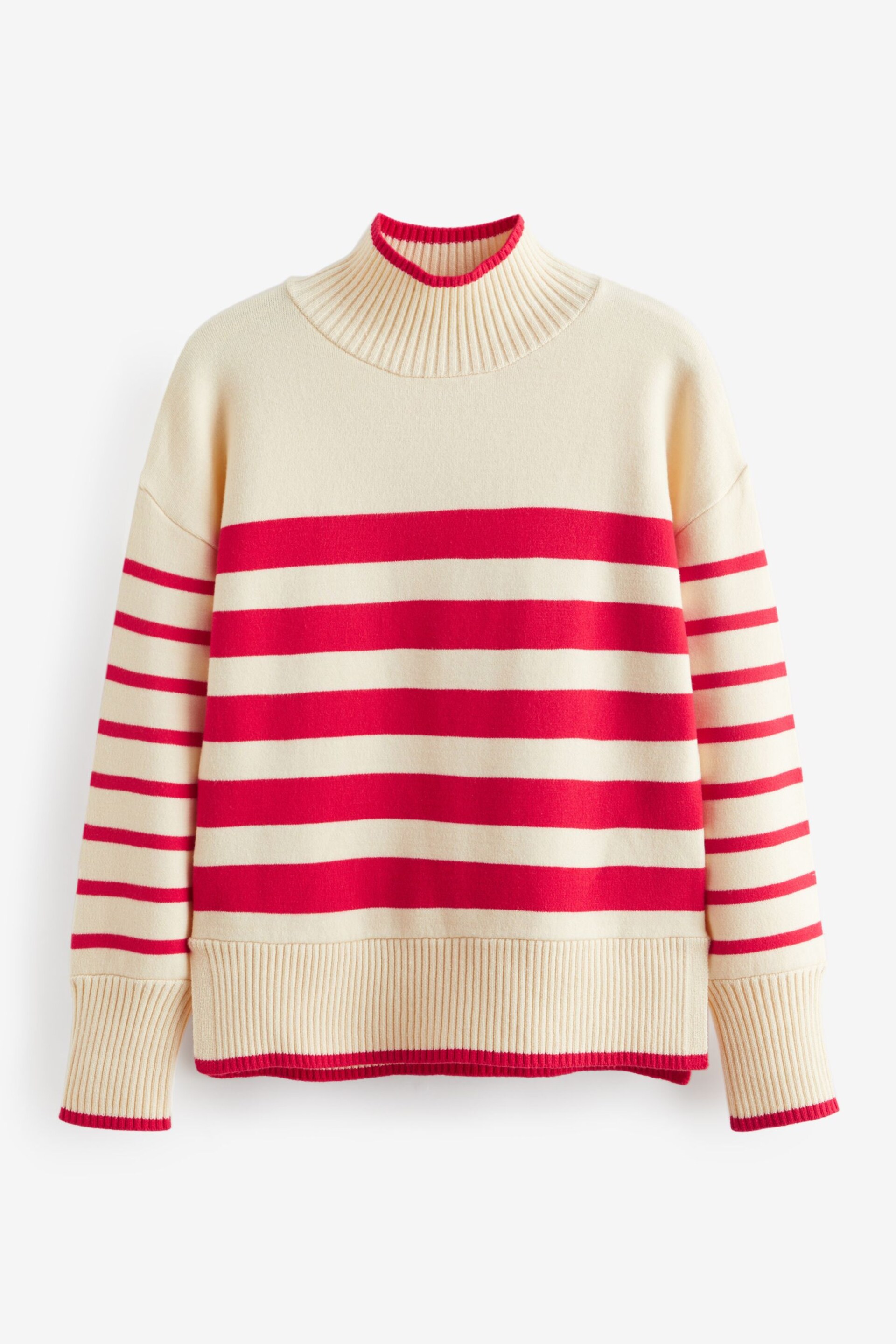 Red/Ecru Cream High Neck Stripe Cosy Knitted Jumper Long Sleeve Top - Image 6 of 7
