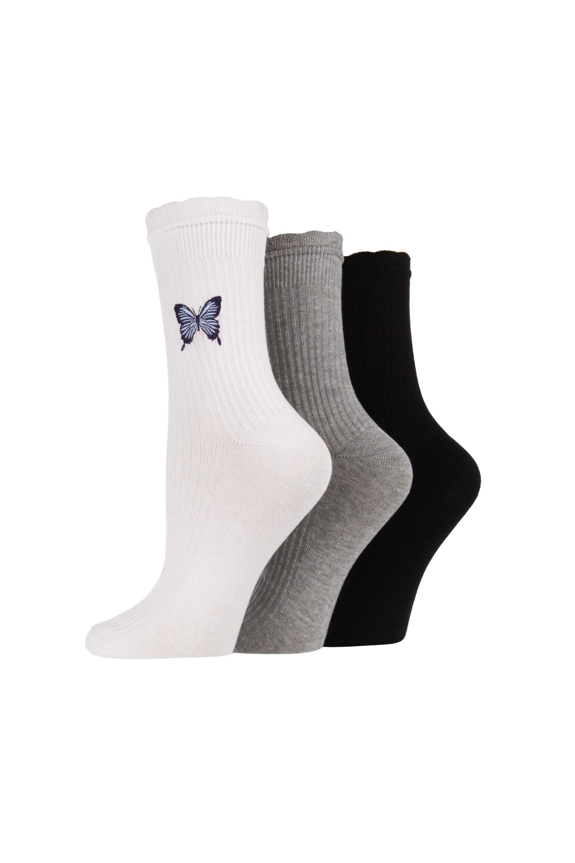 Wild Feet White Butterfly Embroidered Rib Frilly Leisure Socks - Image 2 of 4