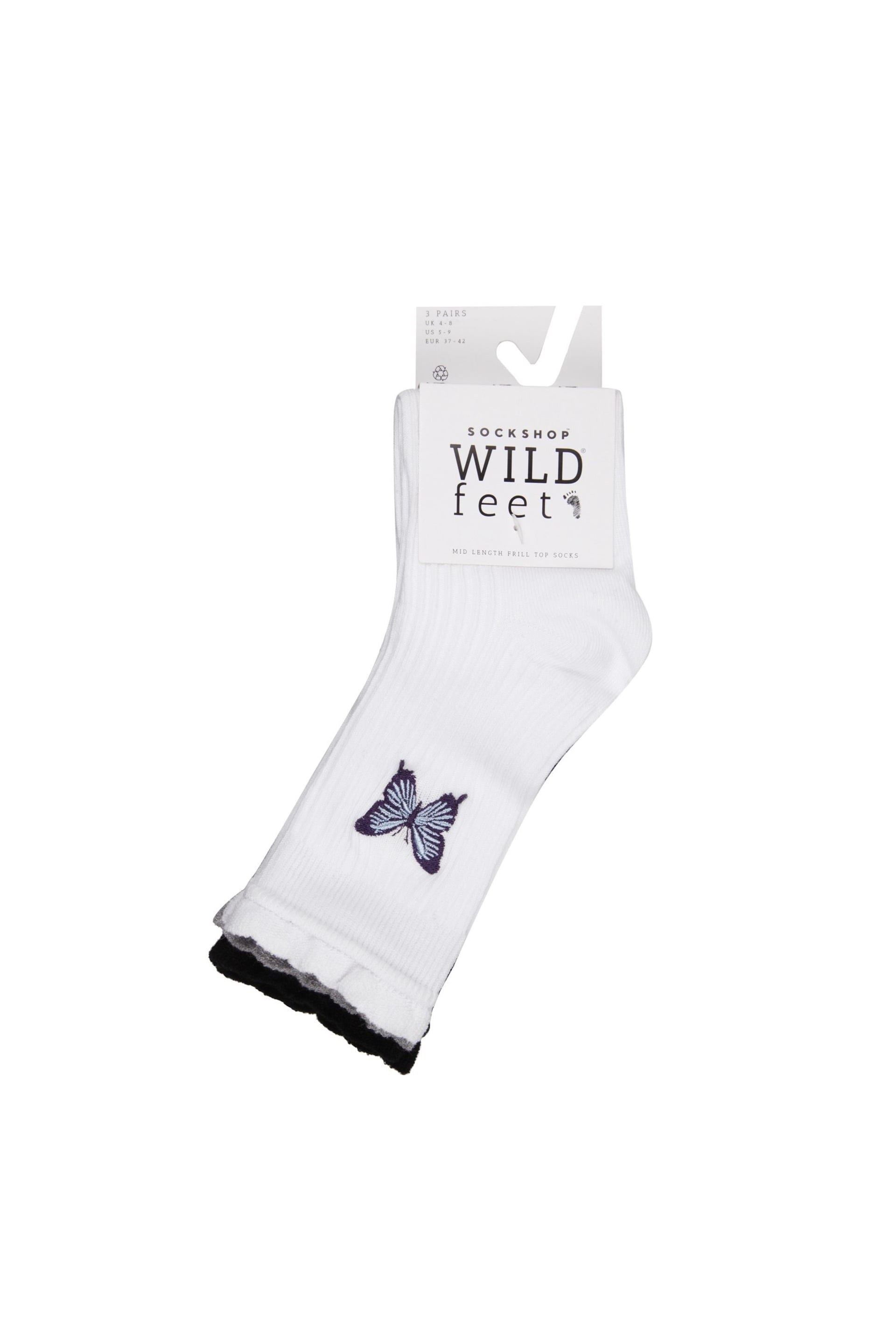 Wild Feet White Butterfly Embroidered Rib Frilly Leisure Socks - Image 4 of 4