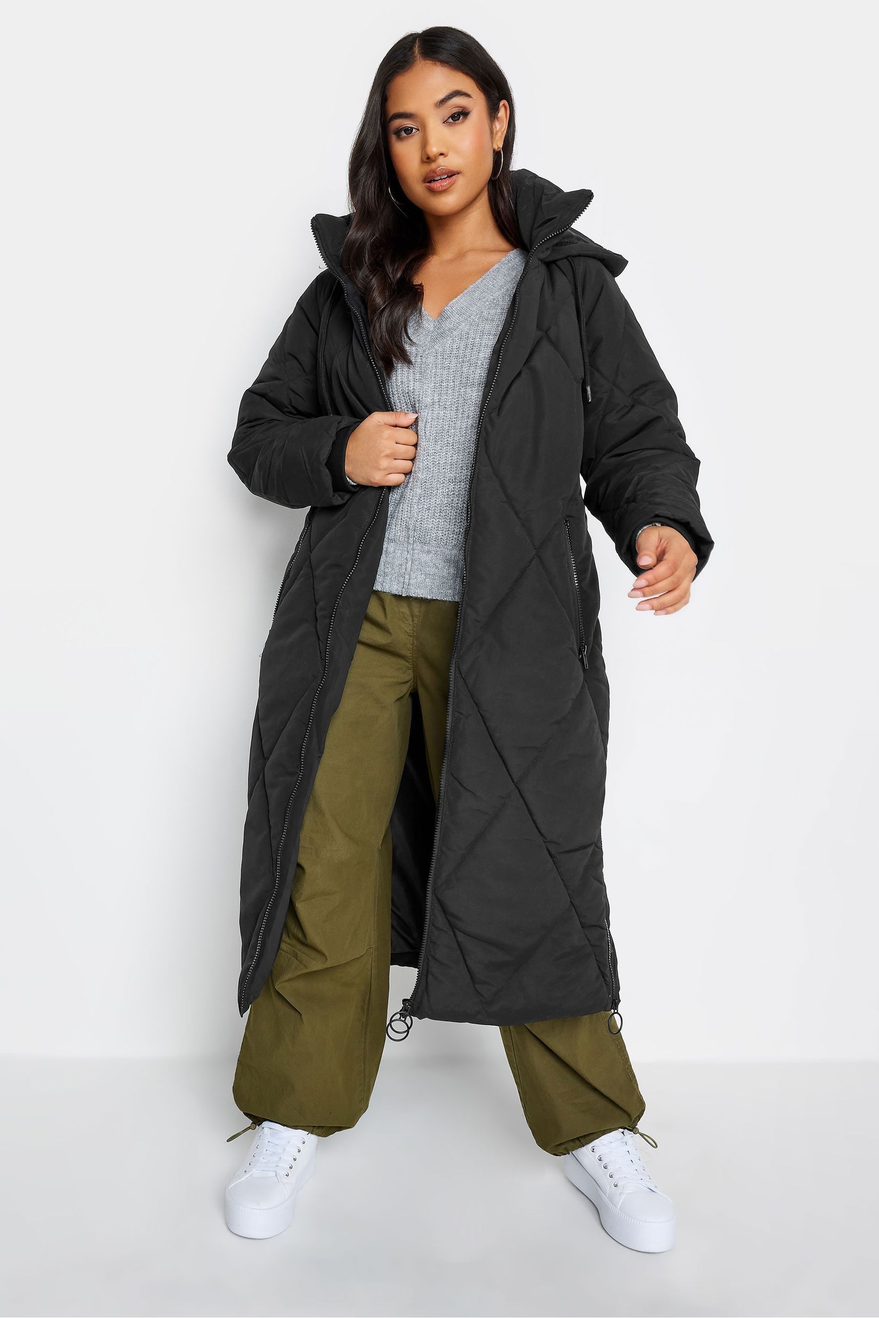 Petite black long puffer coat deals
