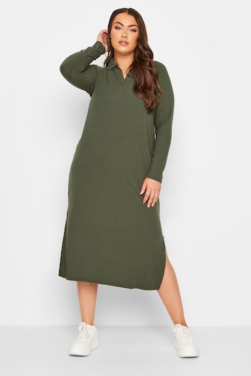 Yours Curve Green Ribbed Collar Dress