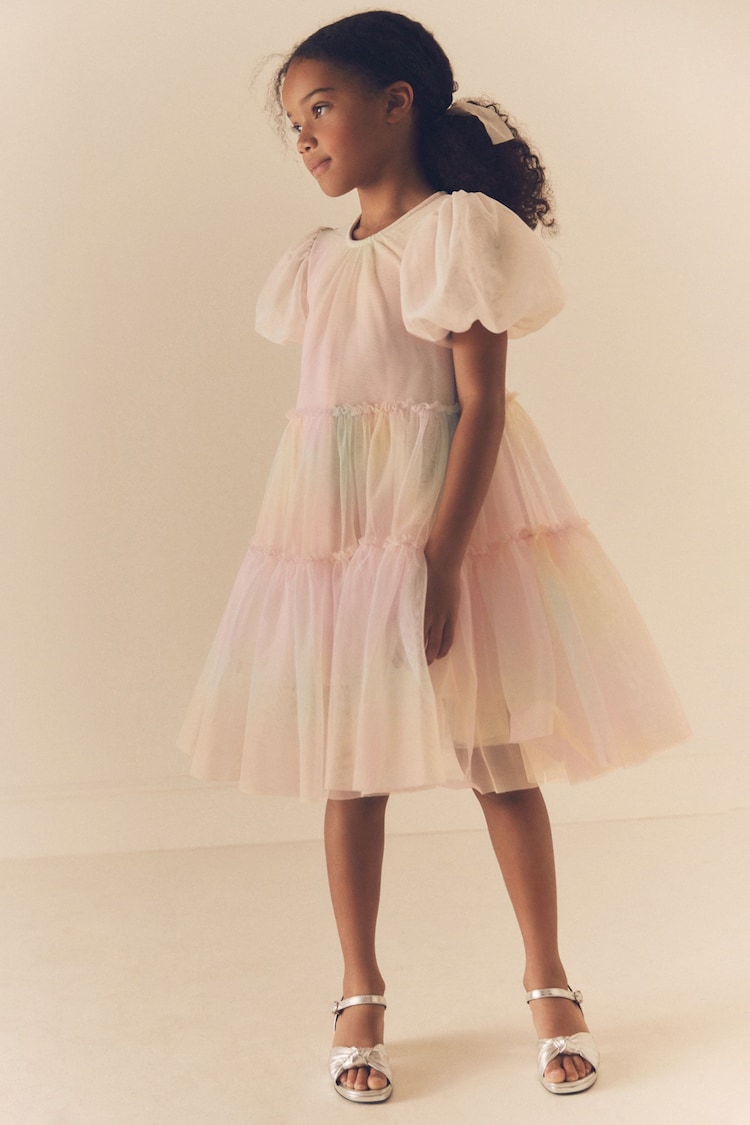 Pastel Pink Rainbow Mesh Puff Sleeve Party Dress (3-16yrs) - Image 2 of 7