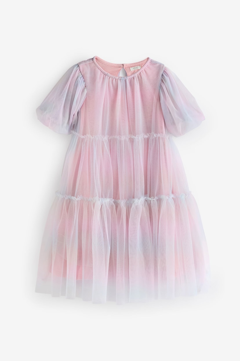 Pastel Pink Rainbow Mesh Puff Sleeve Party Dress (3-16yrs) - Image 5 of 6