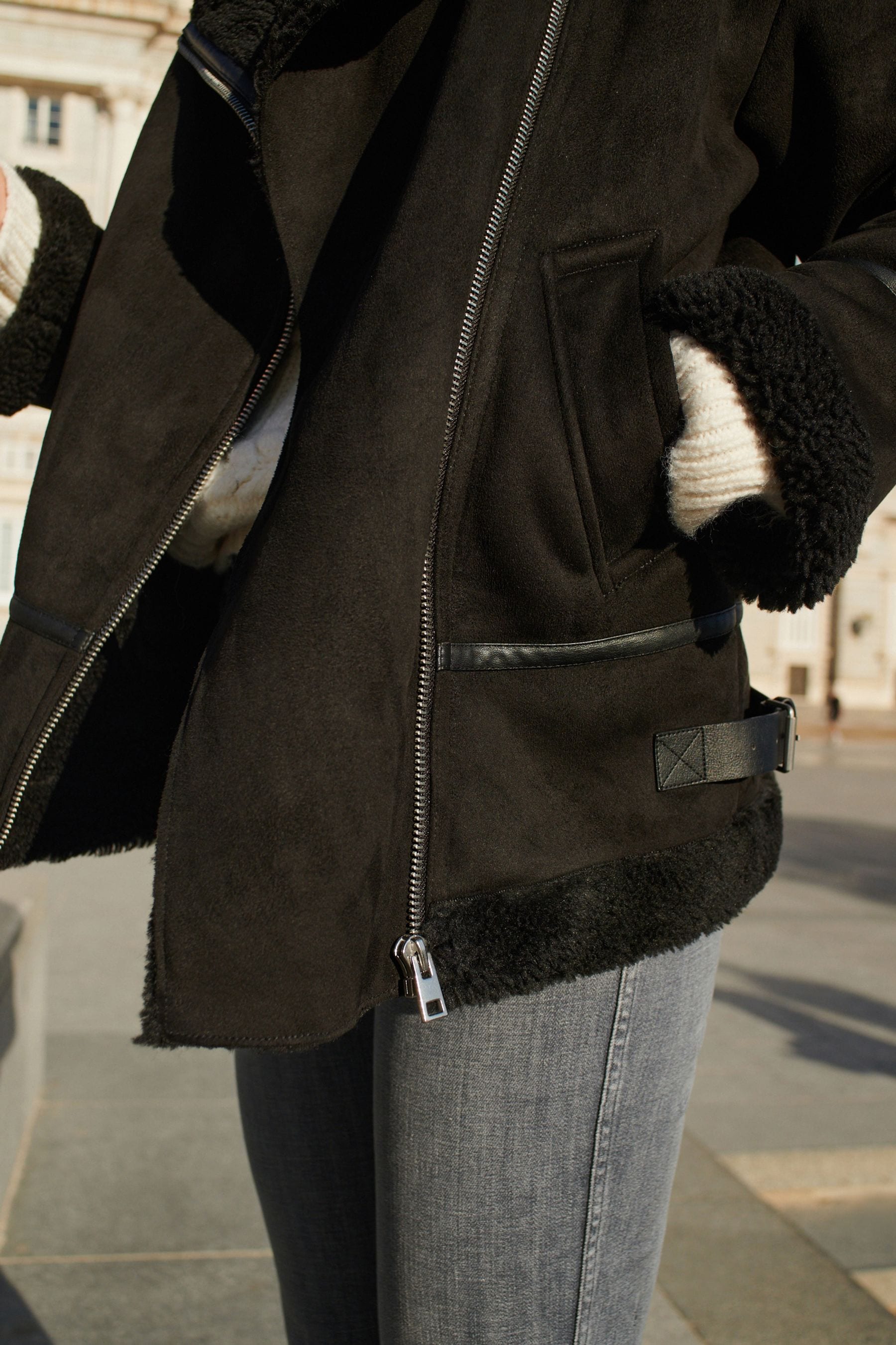 Black Faux Suede Longline Aviator Jacket