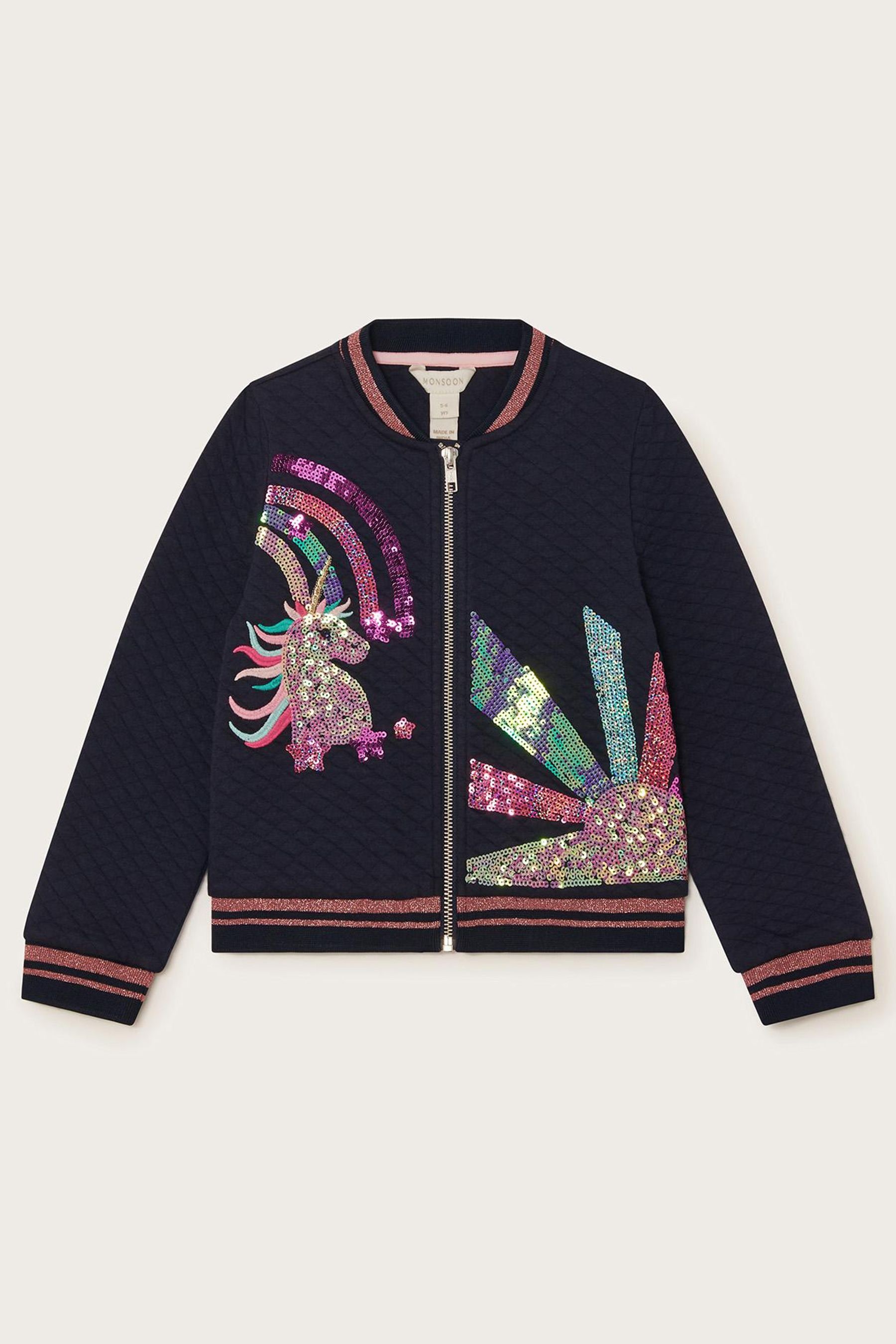 Monsoon Blue Unicorn Rainbow Bomber Jacket