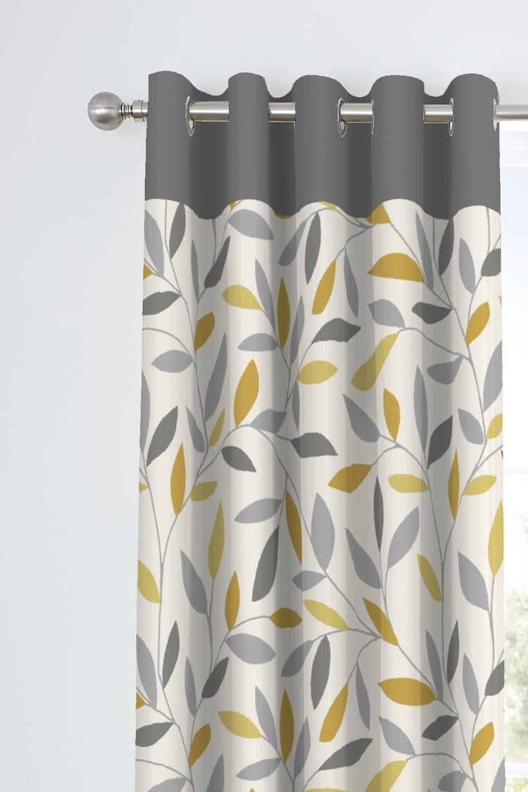 Fusion Yellow 100% Cotton Beechwood Leaves Eyelet Lined Curtains - Image 2 of 3