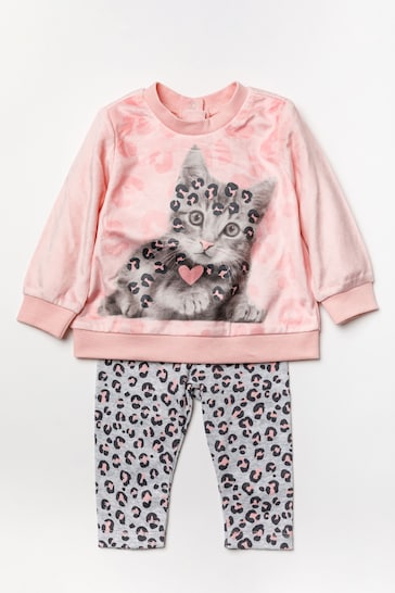 Lily & Jack Pink Cat Print Cotton 2-Piece Top and Trouser Set