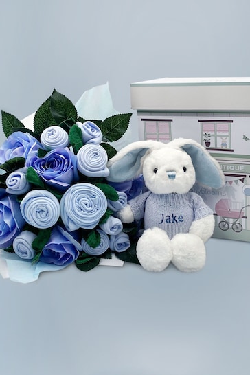 Babyblooms Luxury Blue Bouquet and Personalised New Baby Bunny Soft Toy Gift