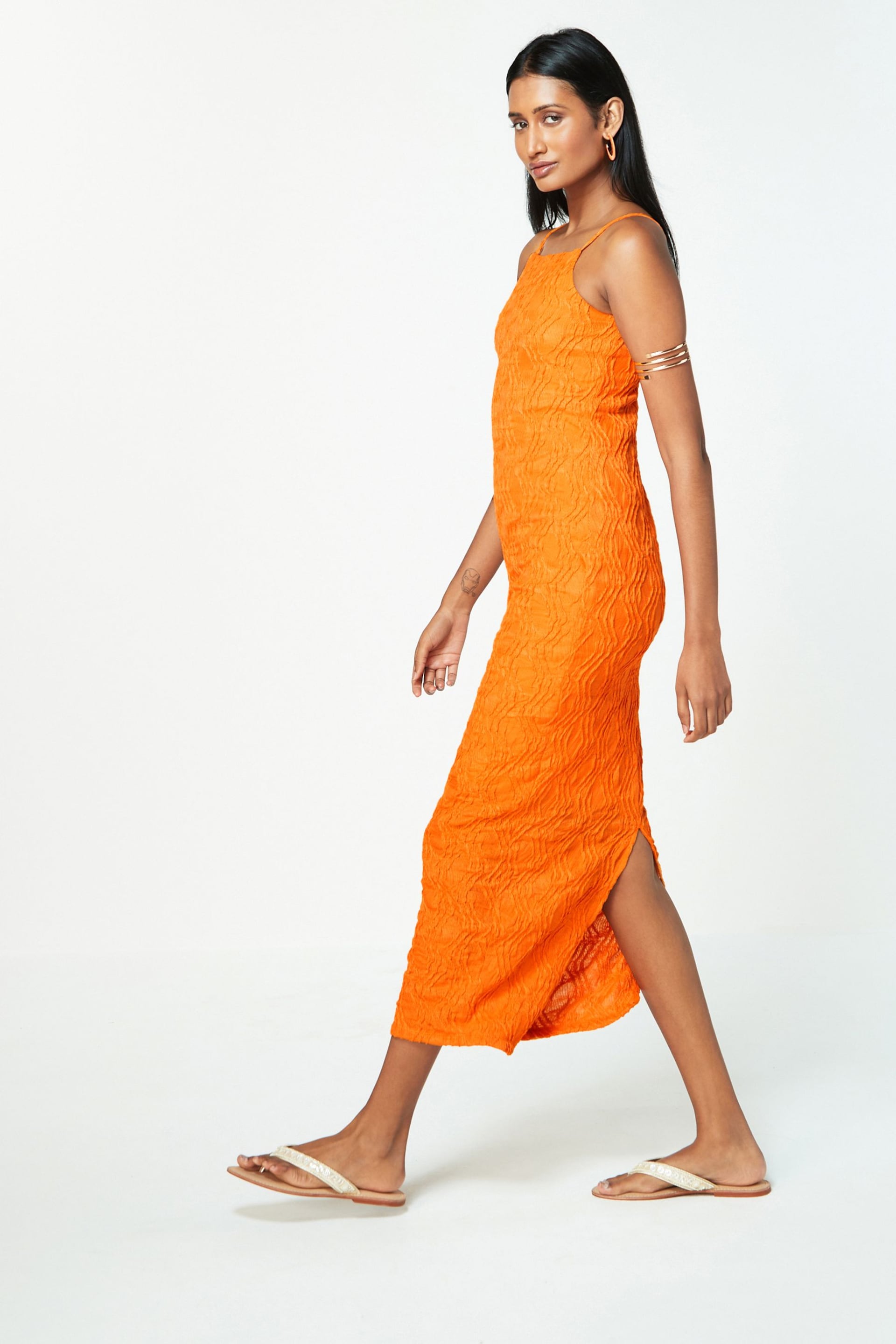 Orange Jersey Textured Cami Summer Midi Dress - Image 5 of 7