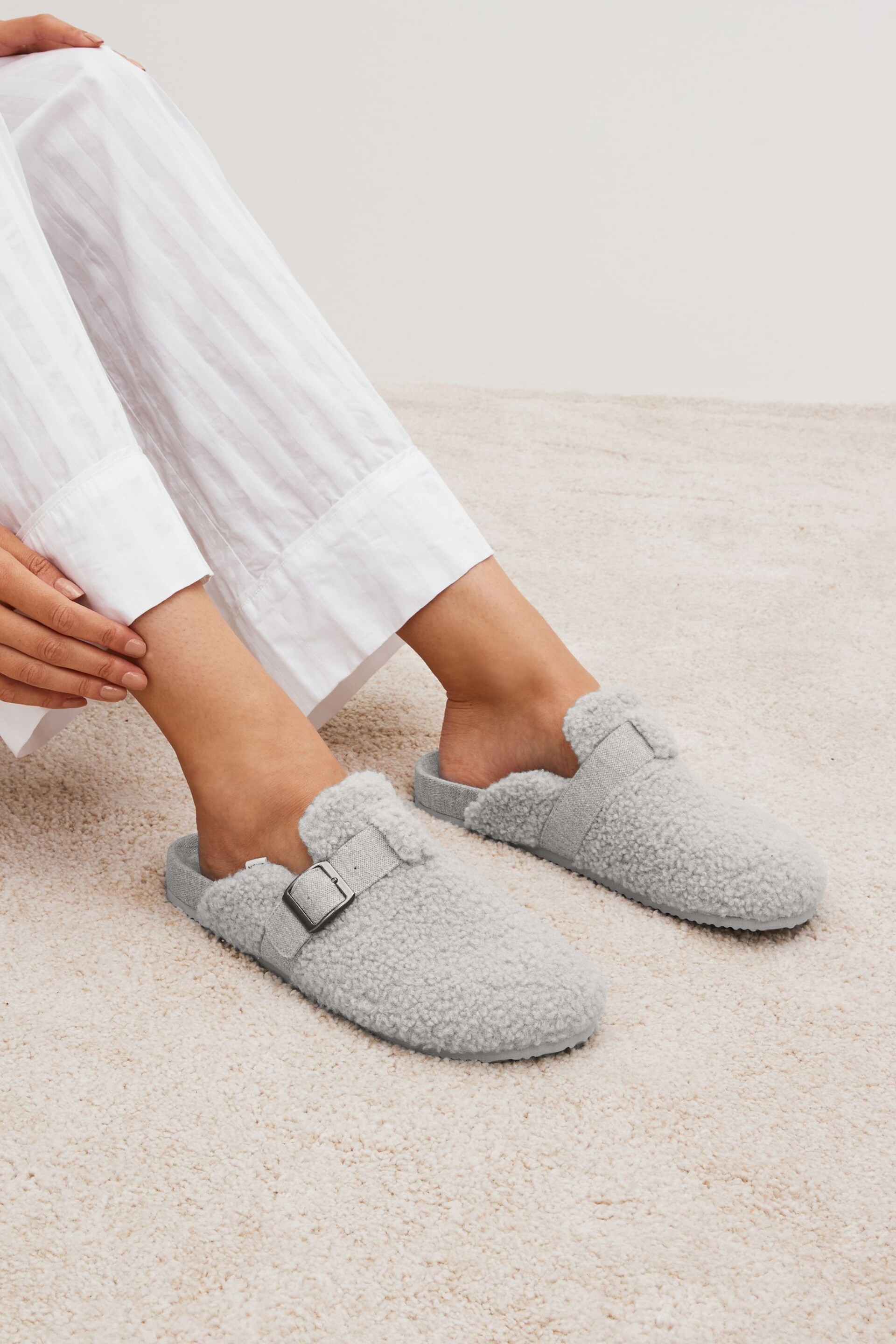 Grey Teddy Borg Buckle Mule Slippers - Image 1 of 7