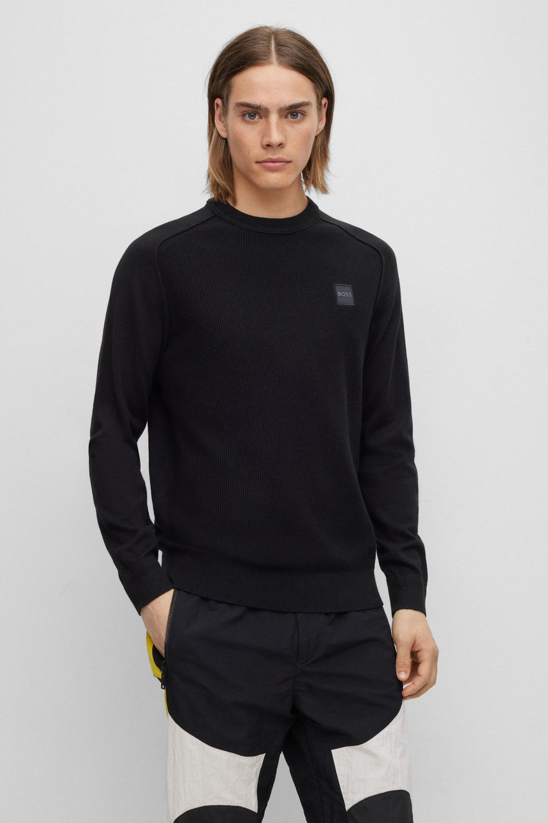 BOSS Black Textured Cotton Knitted Jumper With Cashmere - Image 1 of 5