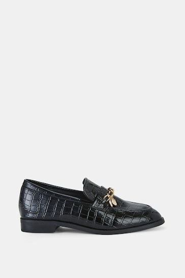 Novo Black Wide Fit Elio Faux Croc Flat Loafers