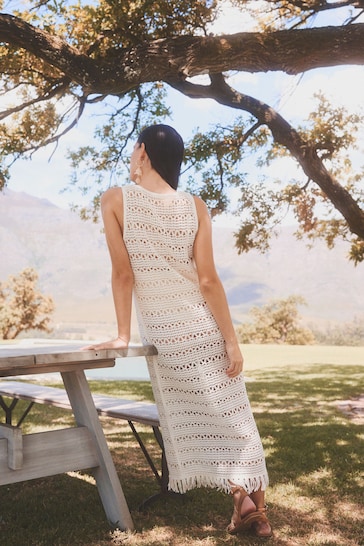 White Crochet Fringe Midi Sleeveless Dress
