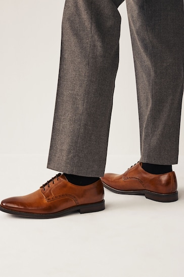 Tan Brown Regular Fit Leather Contrast Sole Derby Shoes