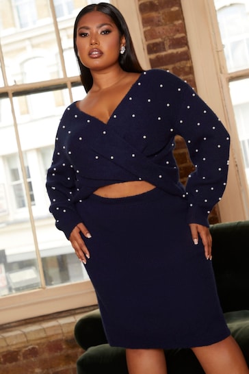 Chi Chi London Blue Curve Pearl Detail Twist Front Knitted Midi Dress