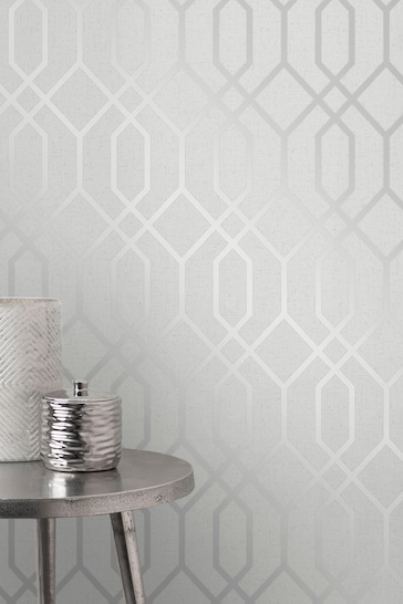 Fine Décor Silver Quartz Trellis Wallpaper