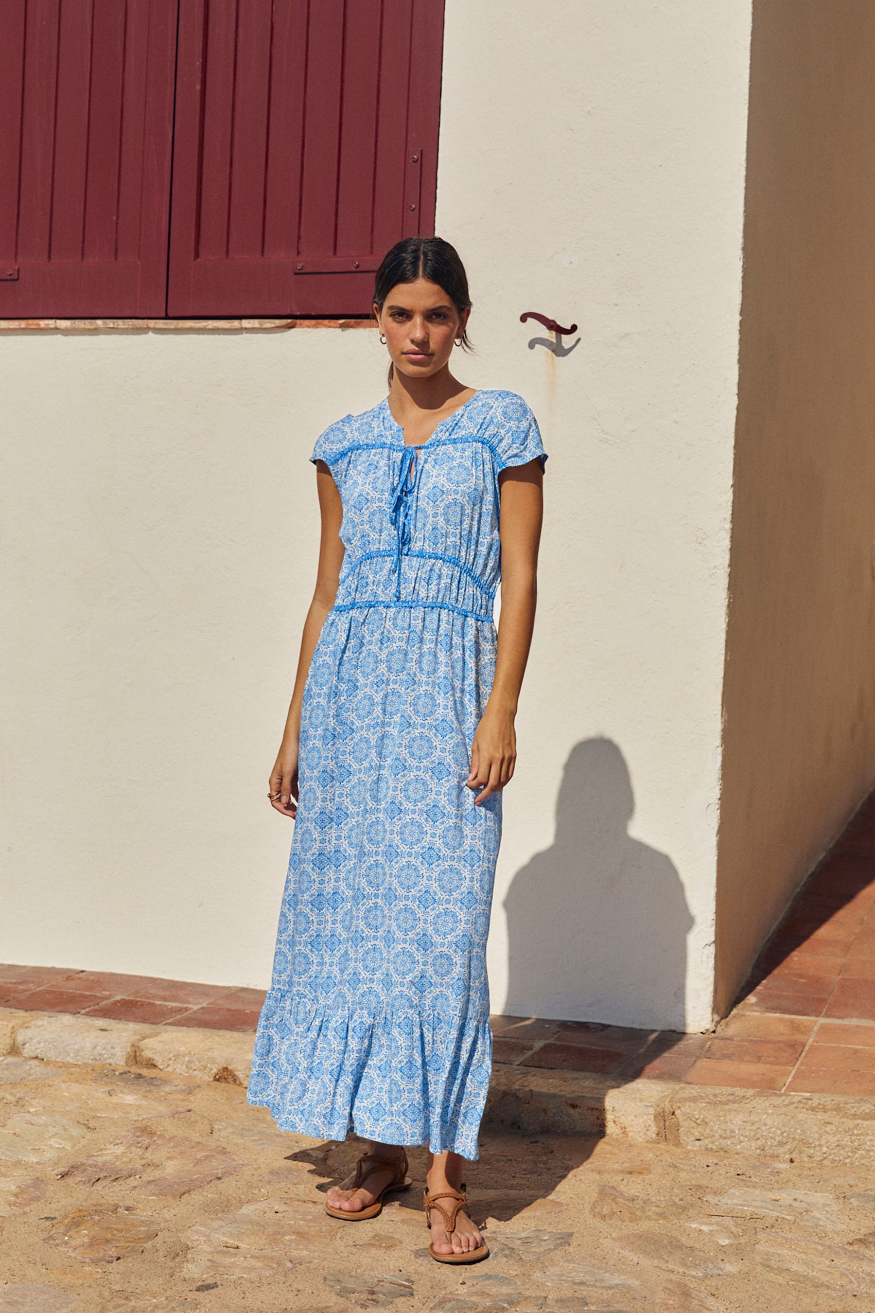NEXT Blue Tile Print Tie Front Short Sleeve Maxi Dress large Womens