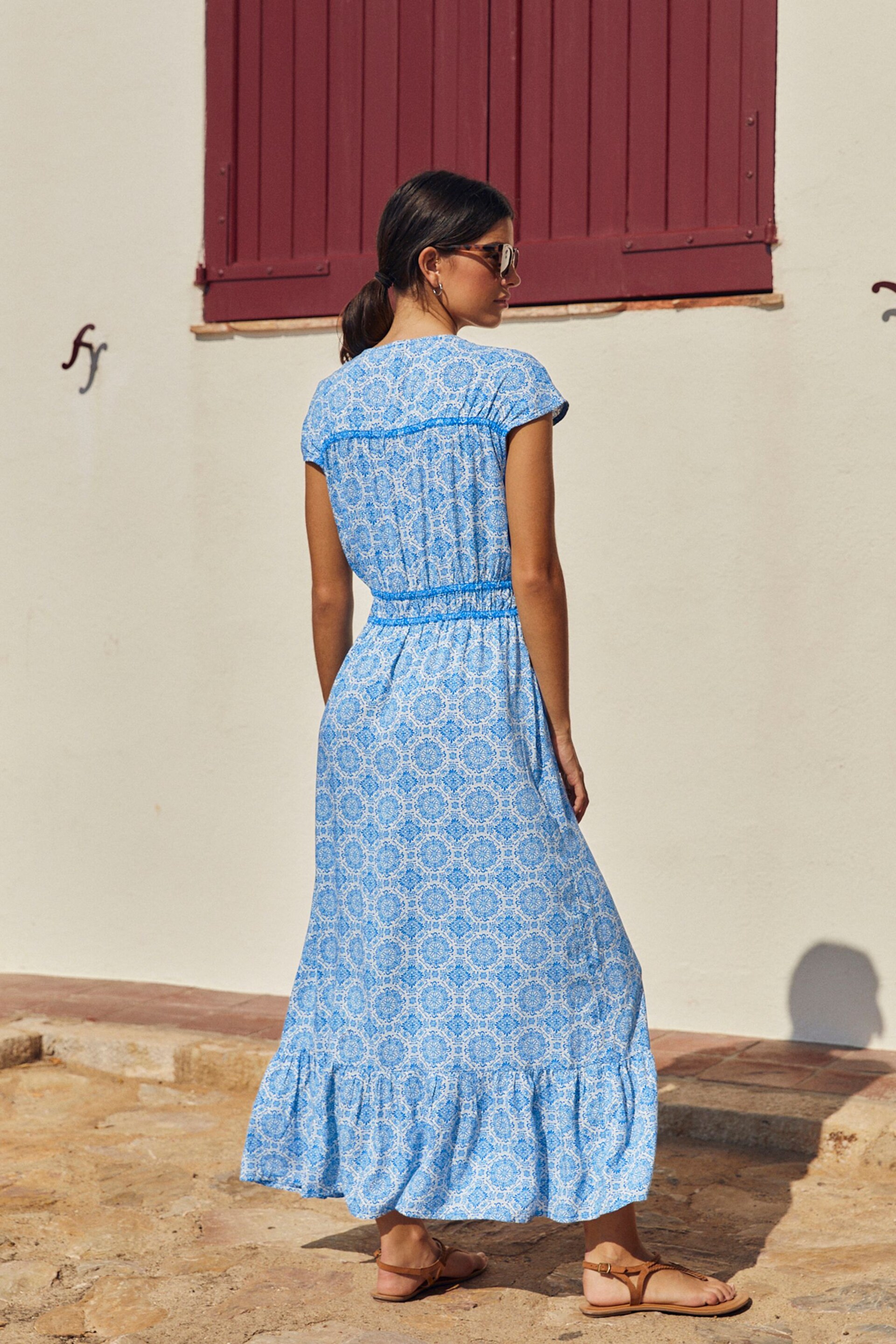 Blue Tile Print Tie Front Short Sleeve Maxi Dress - Image 2 of 6