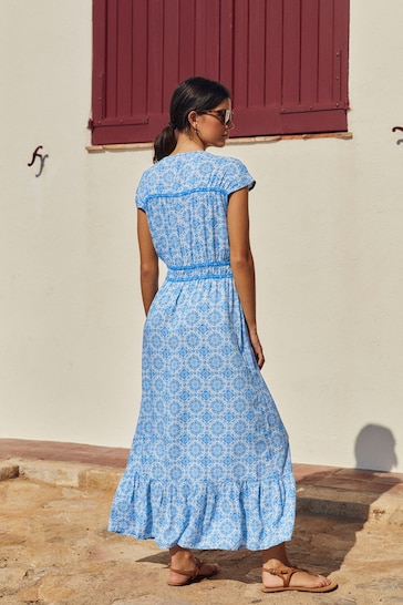 Blue Tile Print Tie Front Short Sleeve Maxi Dress