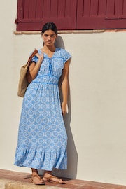 Blue Tile Print Tie Front Short Sleeve Maxi Dress - Image 3 of 6