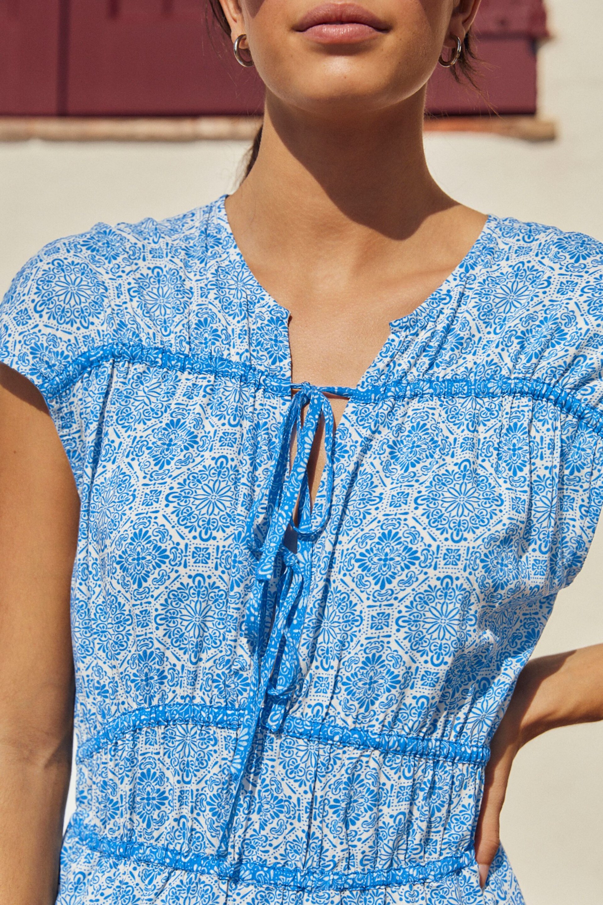 Blue Tile Print Tie Front Short Sleeve Maxi Dress - Image 4 of 6